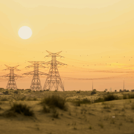 Tralicci elettrici e linee di alta tensione in controluce contro un cielo dorato al tramonto